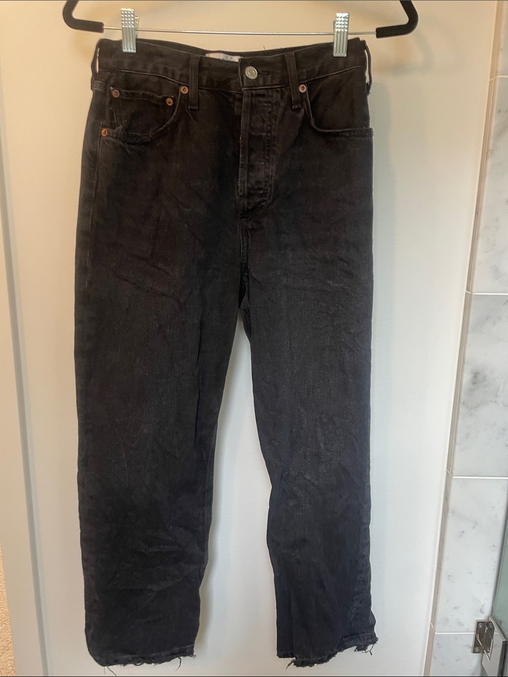 Agolde Relaxed Fit Dark Grey Jeans with Distressed Hem